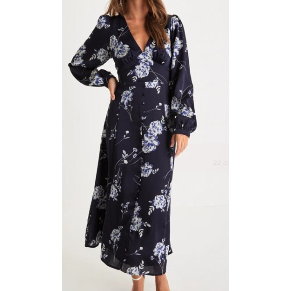 LULU'S M Beautiful Details Navy Blue Floral Long Sleeve Midi Dress NEW B47 flaw